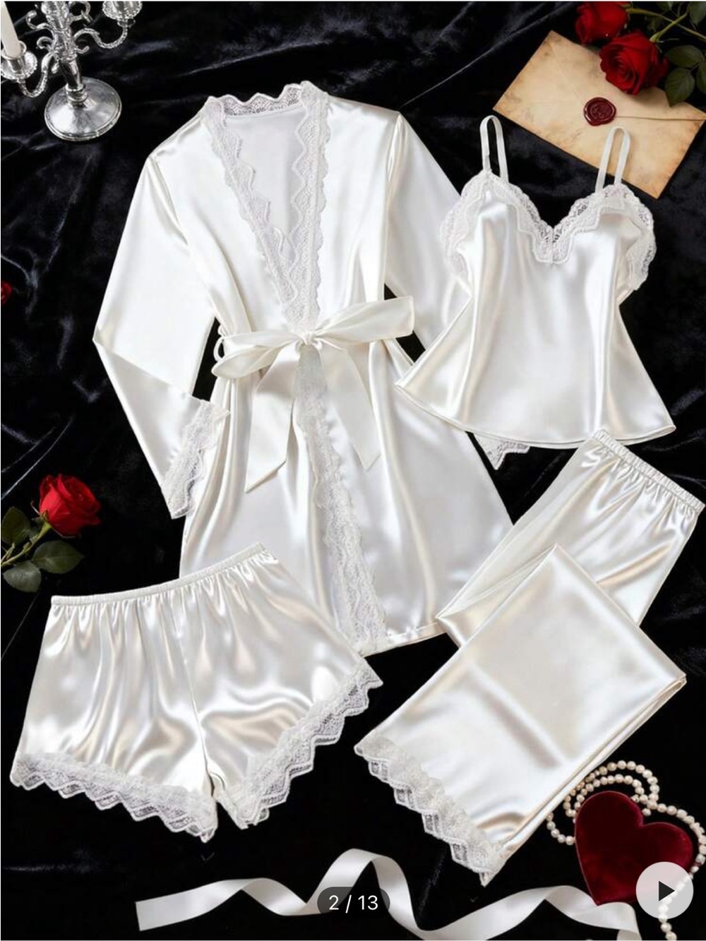 Wedding Satin Lace 3-Piece Sleepwear Set - White